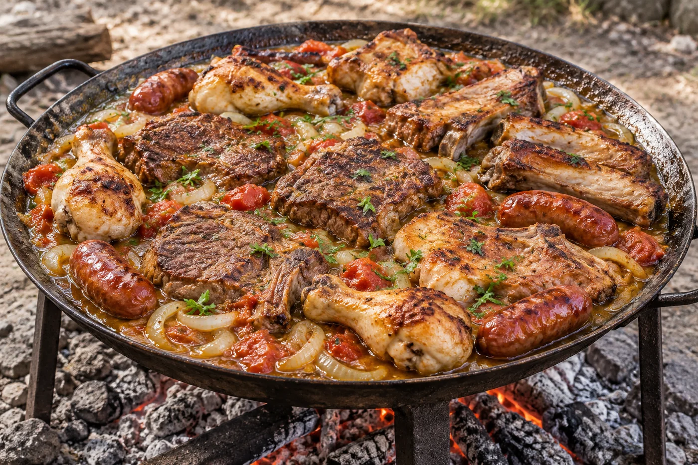 Disco de arado de acero sobre brasas con costillar, bistecs, chuletas de cerdo, trutros de pollo y longanizas, con cebolla, tomate y perejil.