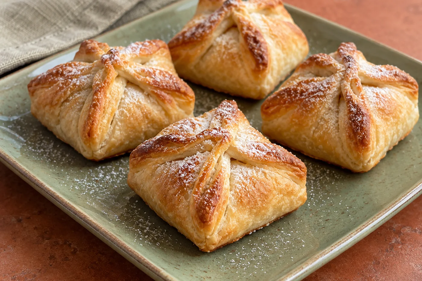 Cuatro ataditos de manzana dorados, paquetitos cuadrados de masa con las cuatro puntas juntas y azúcar flor por encima, sobre un plato cuadrado de cerámica verde.