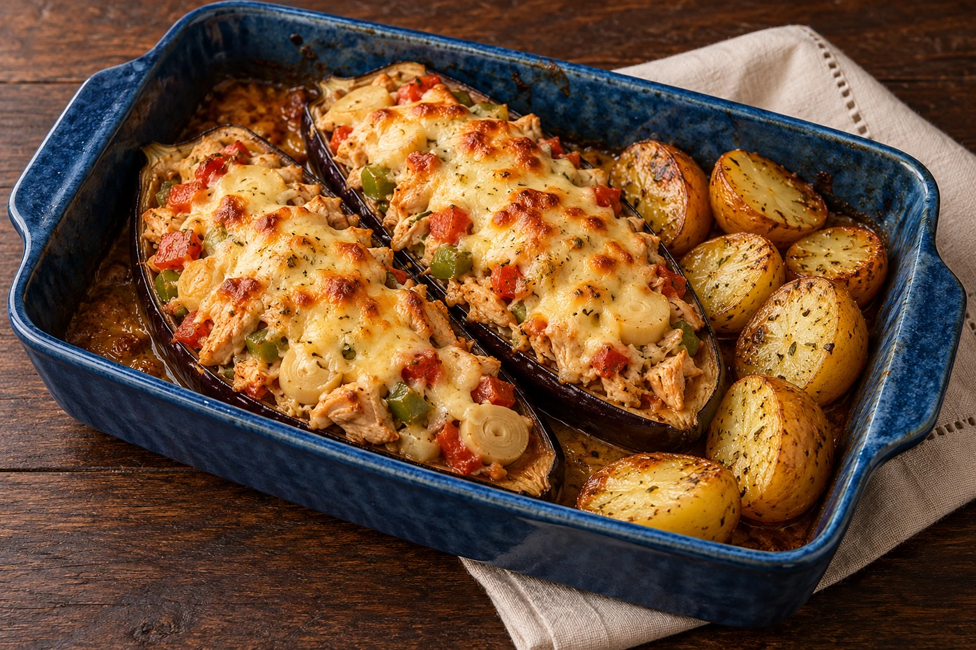 Dos mitades de berenjena rellenas con pollo, pimentón, palmitos y tomate, gratinadas con queso, con papas al horno al lado, en una fuente de cerámica azul sobre una mesa de madera oscura.