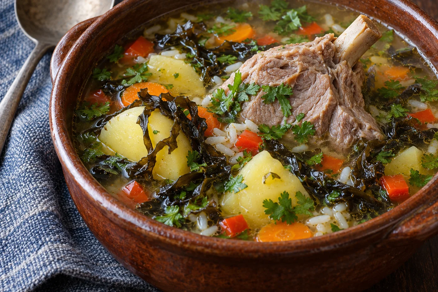 Cazuela de cordero con luche en un plato hondo de greda: caldo claro con un trozo de cordero con hueso, papa, zanahoria, arroz, pimentón rojo, cilantro y tiras de luche oscuro.