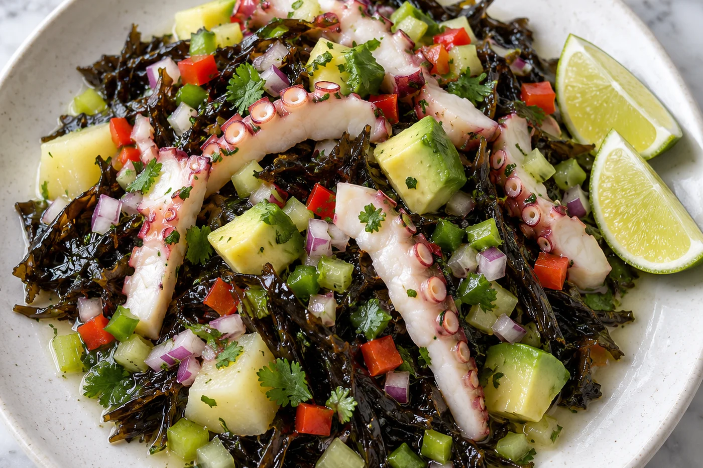 Ceviche de luche en un plato blanco: alga luche oscura con cebolla morada, palta, papa, pimentón y cilantro, tiras de pulpo encima y trozos de limón.