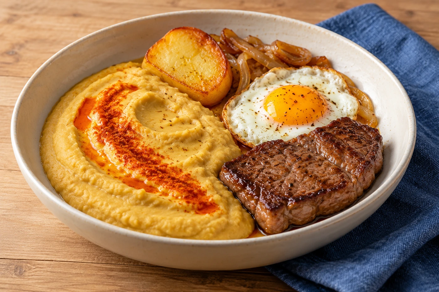 Plato hondo crema con un puré espeso de color ocre con un hilo de aceite de ají de color, un bistec, un huevo frito, una papa dorada y cebolla caramelizada, sobre una mesa de madera con un paño azul.