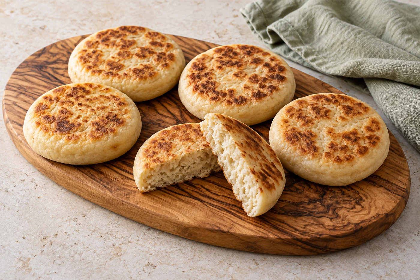 Cinco churrascas, panes redondos y planos dorados a la sartén con manchas tostadas, sobre una tabla de olivo; una está partida y muestra la miga. Paño verde claro.