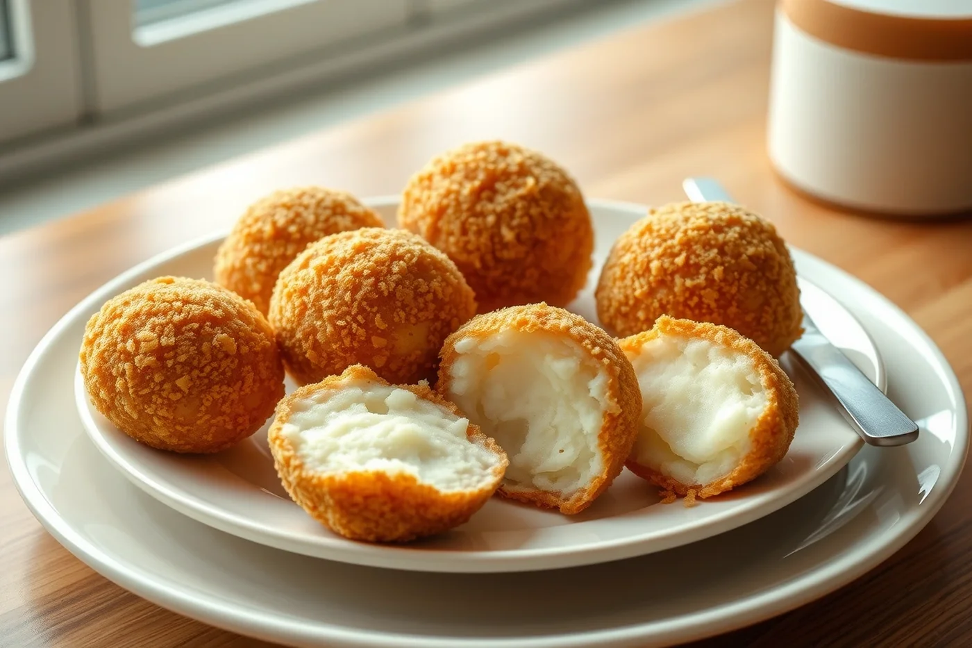 Plato blanco con croquetas de papa doradas y apanadas, dos de ellas abiertas para mostrar el puré blanco.