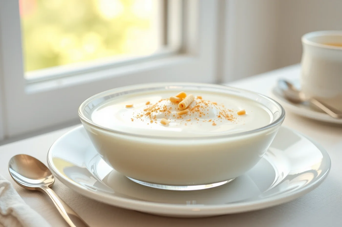 Cuenco de vidrio con cuajada blanca y cremosa de Devonshire, ligeramente espolvoreada, sobre un plato blanco.