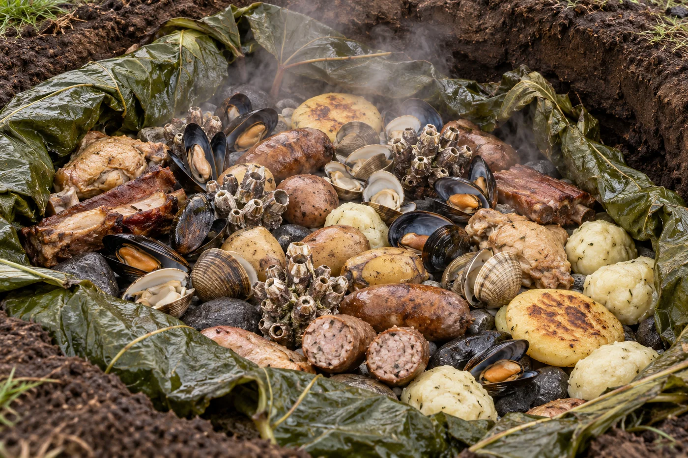 Curanto al hoyo dentro de un hoyo en la tierra, sobre piedras calientes y hojas de nalca: choritos, cholgas, almejas, picorocos, papas, longanizas, costillar, pollo, milcaos y chapaleles, con vapor.
