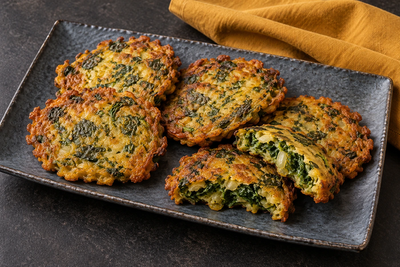 Fritos dorados de hojas de mostaza con bordes irregulares, hojas verdes y cebolla a la vista, uno partido por la mitad, sobre una fuente rectangular gris pizarra con un paño mostaza.