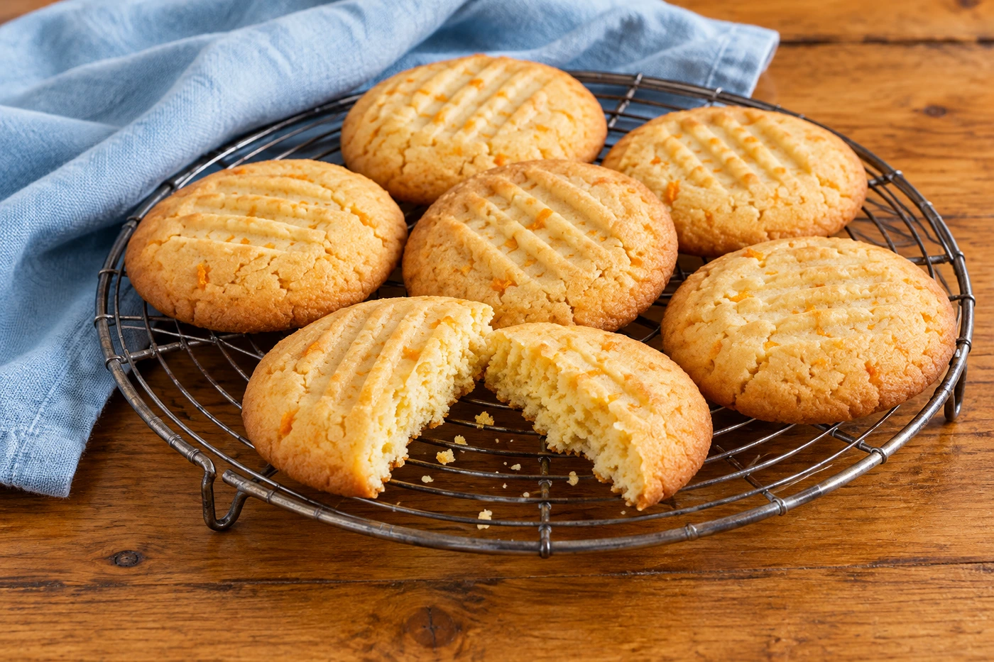 Galletitas de aceite doradas, con marcas de tenedor, sobre una rejilla de enfriar; una está partida y muestra la miga fina. Paño celeste sobre una mesa de madera.