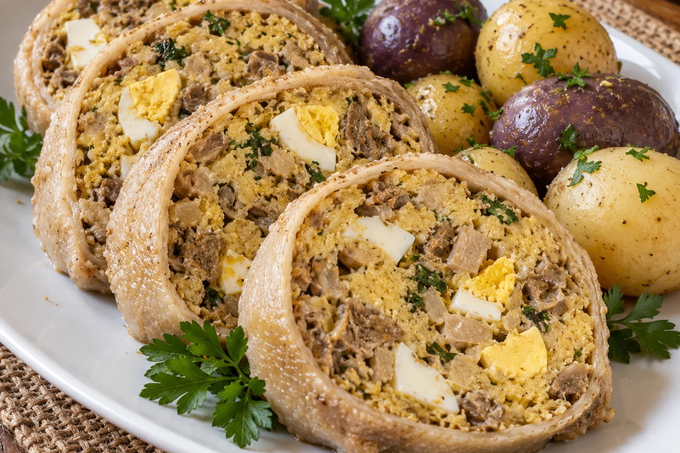Rodajas de guatita de cordero rellena con el relleno amarillo, el huevo duro y el pino a la vista, sobre una fuente ovalada blanca, con papas nativas cocidas al costado.