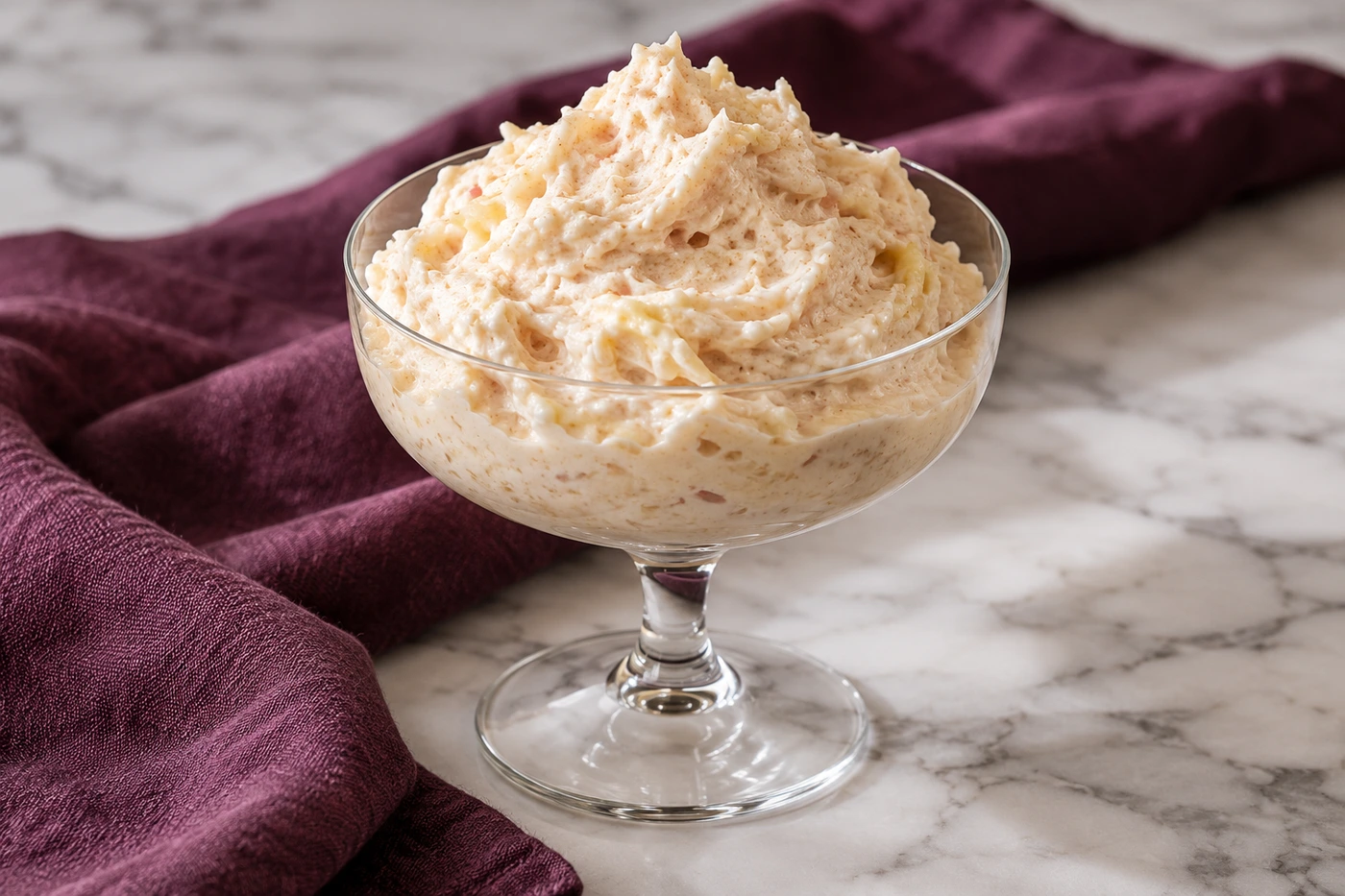 Copa de vidrio con helado de invierno, un postre batido de manzana y plátano de color marfil con picos suaves, sobre mármol blanco y un paño morado.