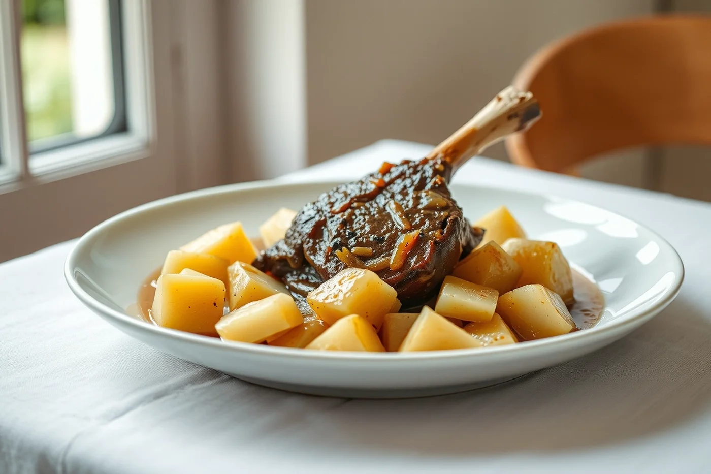 Fuente blanca con un trozo de cordero con hueso estofado, rodeado de papas peladas cocidas y salsa.
