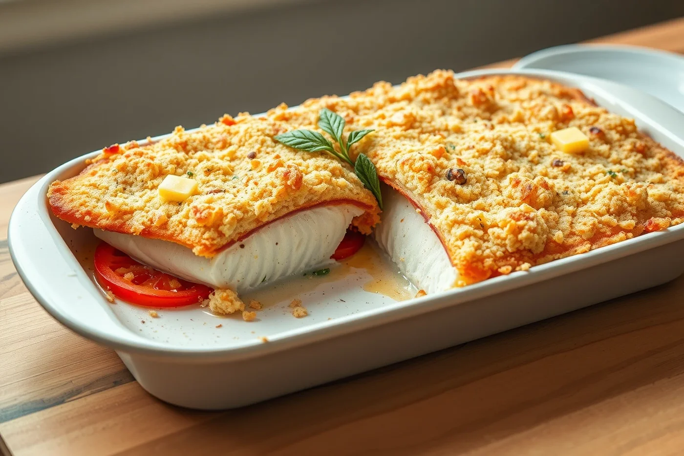 Fuente de horno blanca con lisa cubierta de migas doradas y mantequilla sobre rodajas de tomate, con una porción cortada.