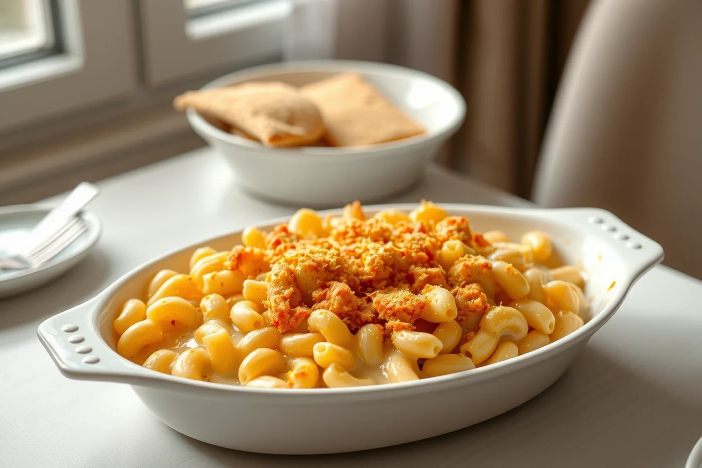 Fuente de horno blanca con macarrones con salsa de queso gratinados con una capa dorada.
