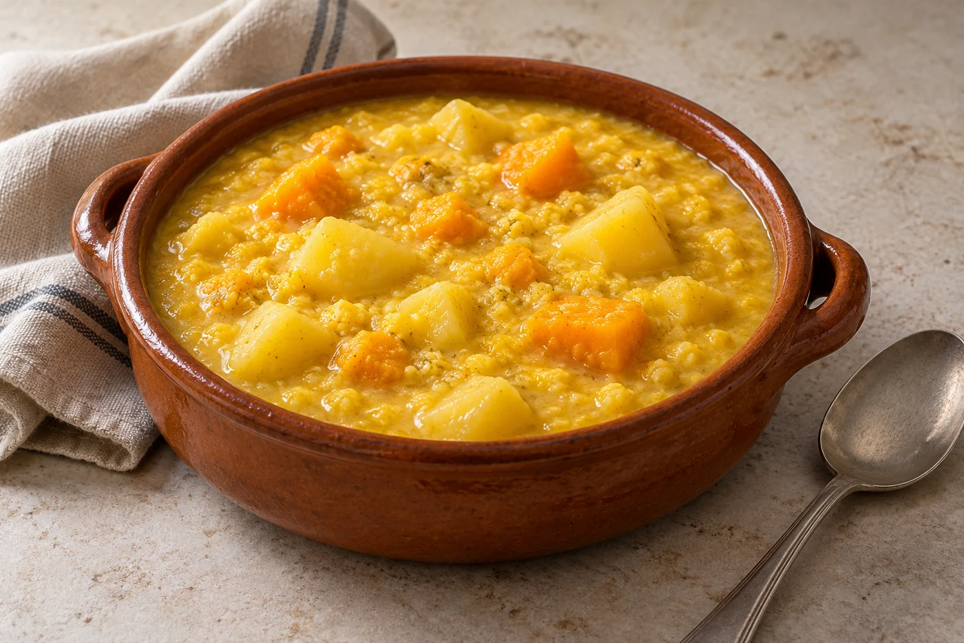 Cazuela de greda con papas con chuchoca: guiso espeso y amarillento con cubos de papa y de zapallo, sobre una mesa de piedra clara con un paño de lino y una cuchara.