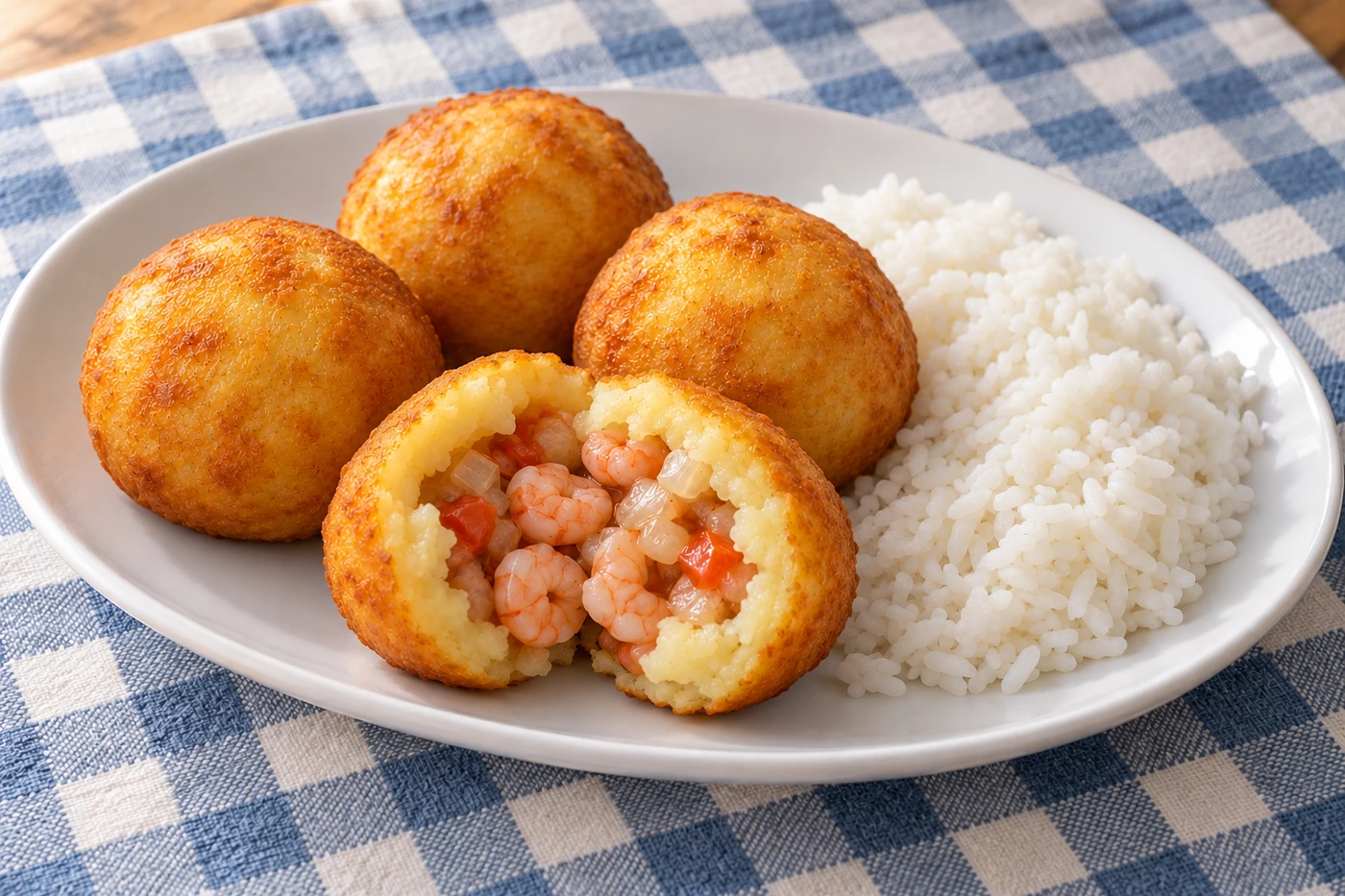 Cuatro papas rellenas con camarón, fritas y doradas, una abierta que muestra el relleno de camarones, cebolla y tomate, con arroz blanco al lado, en un plato blanco sobre un mantel de cuadros azules.
