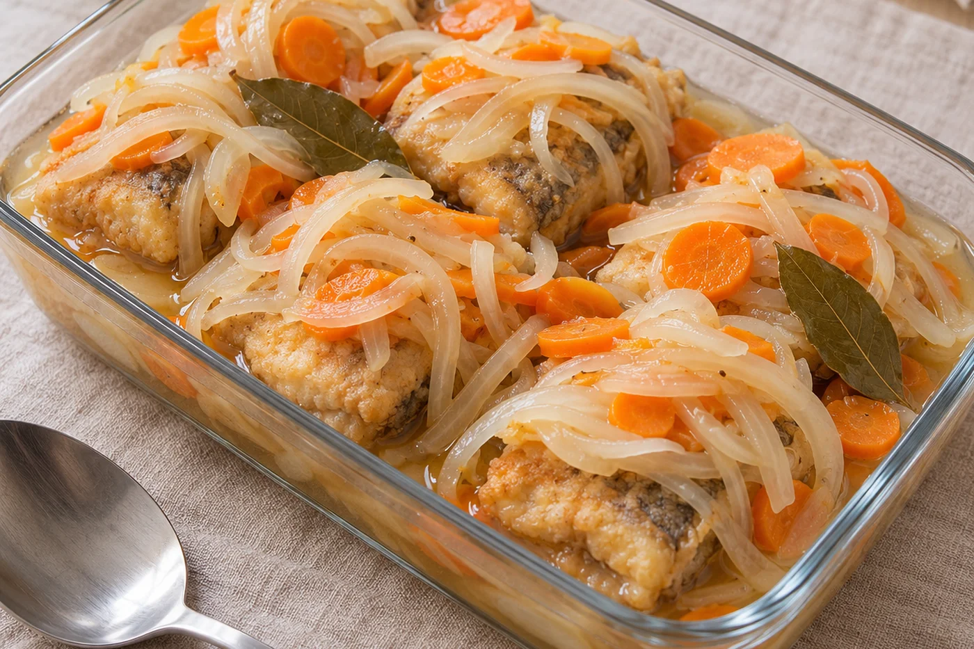 Fuente rectangular de vidrio con presas de pescado frito cubiertas por cebolla en pluma, rodajas finas de zanahoria y hojas de laurel, en su líquido de escabeche.