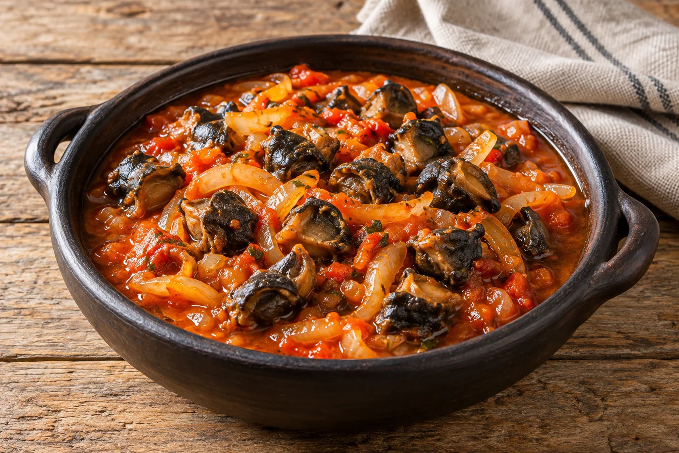 Cazuela de greda negra con picante de lapas: trozos de lapa oscuros en una salsa roja brillante con cebolla en pluma, sobre una mesa de madera con un paño de rayas.