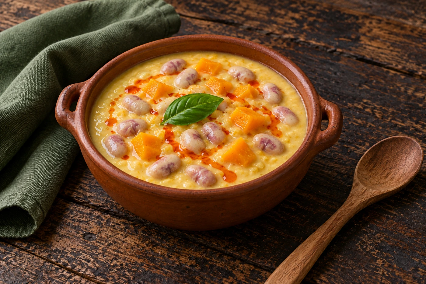 Olla de greda con porotos coscorrón y trocitos de zapallo en una mazamorra de choclo cremosa, con un hilo de aceite de ají de color y una hoja de albahaca, con una cuchara de madera al lado, sobre madera oscura.