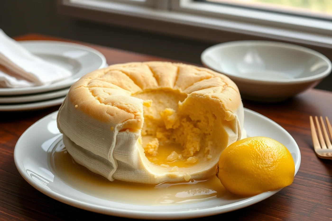 Pudín redondo de masa cocido en paño, con el paño aún visible y la miga densa a la vista, sobre un plato blanco con salsa de limón y un limón entero.