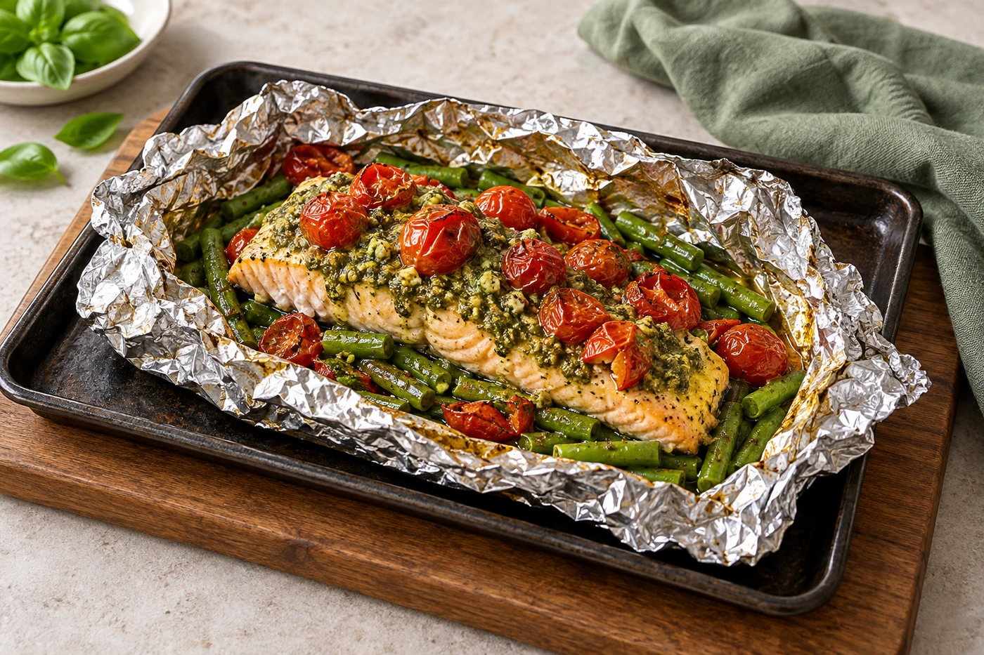 Paquete de papel de aluminio abierto con un filete de salmón cubierto de pesto, con porotos verdes y tomates cherry asados, sobre una bandeja oscura y una tabla de madera.