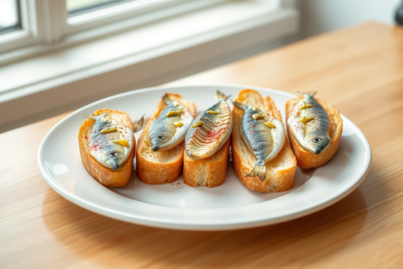 Plato blanco con cinco tostadas largas y una sardina sobre cada una, espolvoreadas con ají rojo.