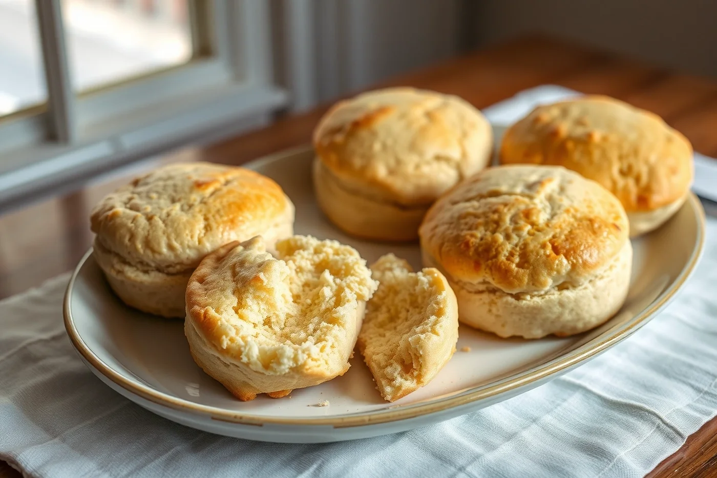 Plato ovalado con scones de leche dorados, uno de ellos partido por la mitad.