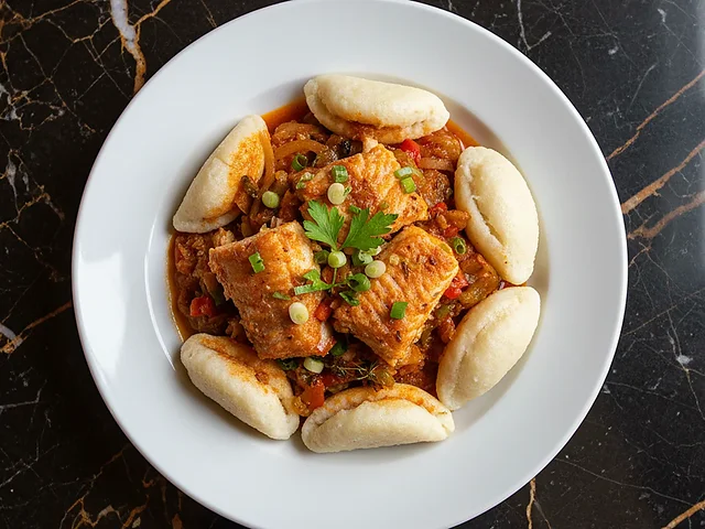 Bacalao guisado con dumplings