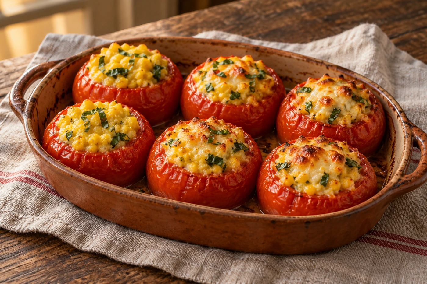Seis tomates ahuecados y rellenos con choclo molido y albahaca picada, con queso gratinado, en una fuente ovalada de greda sobre un paño de lino.